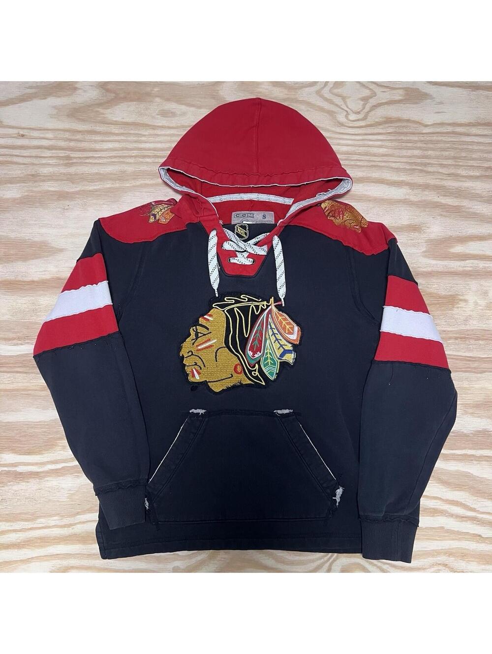 Vintage 00s Ccm Nhl Chicago Blackhawks Hockey Jersey Black Hoodie Sz Small